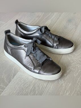 Lanvin Metallic Pewter Low-Top Cap Toe Ribbon Lace Sneakers